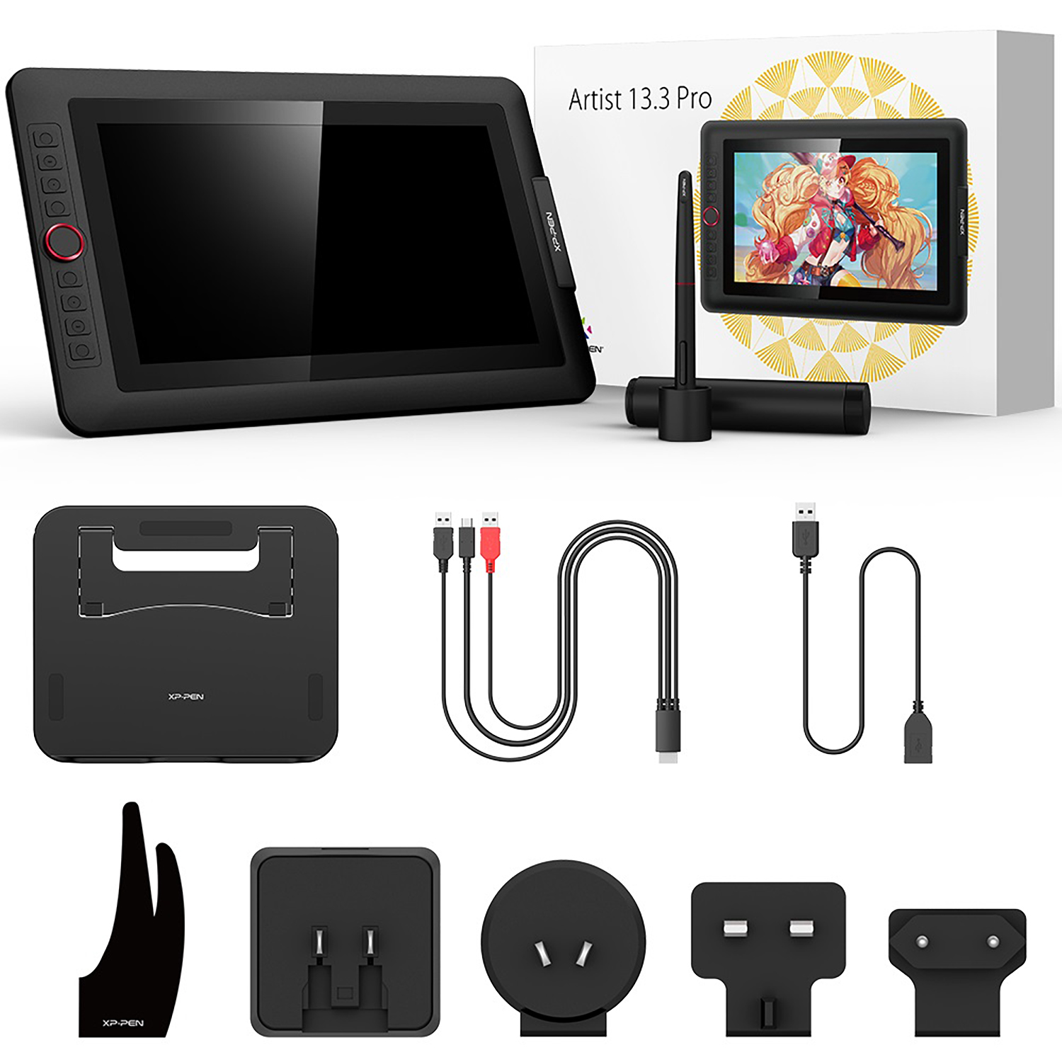 Zeichentablett und Zubehör. Enthält das Tablet, einen Stift, einen Ständer, Kabel und Netzadapter.