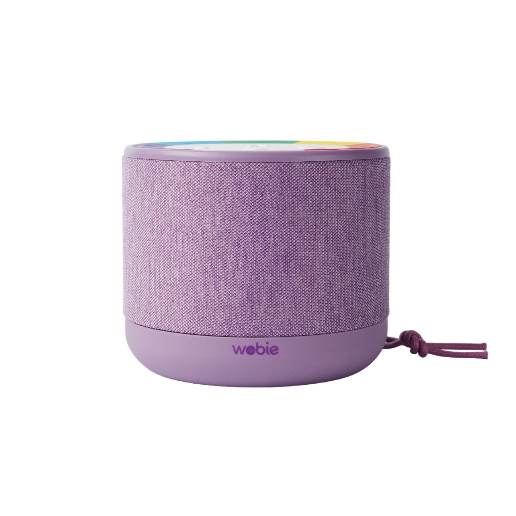 Altoparlante cilindrico viola con parte superiore arcobaleno e cordino marrone.