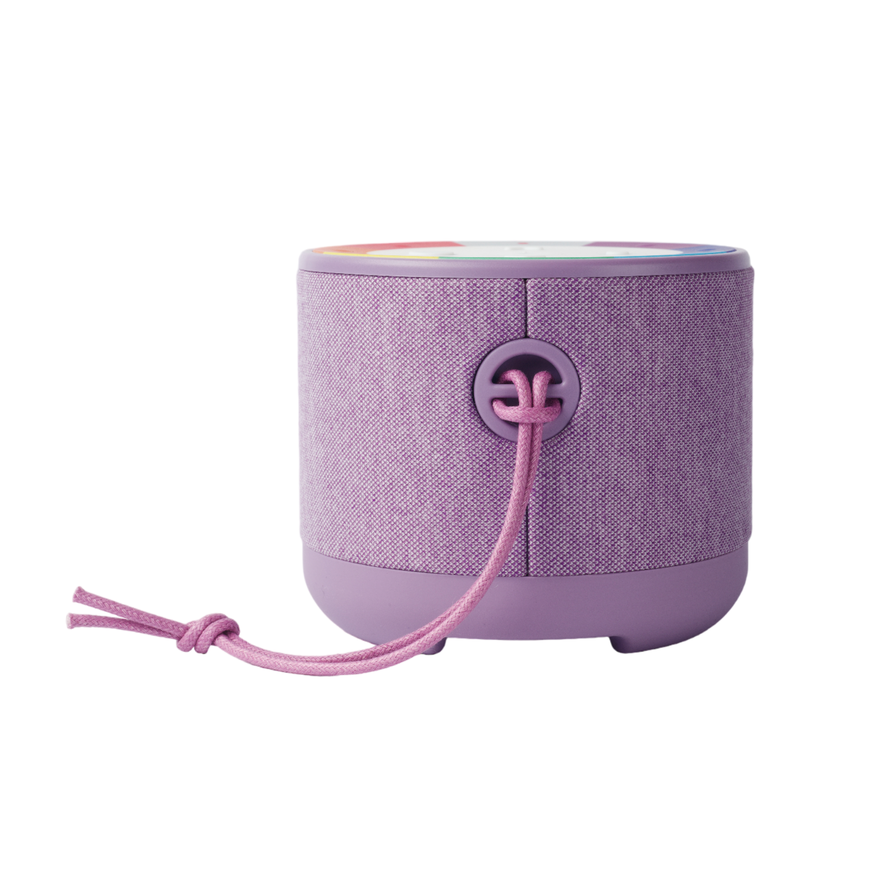 Un altoparlante viola con la parte superiore arcobaleno e un cavo rosa. È su sfondo bianco.
