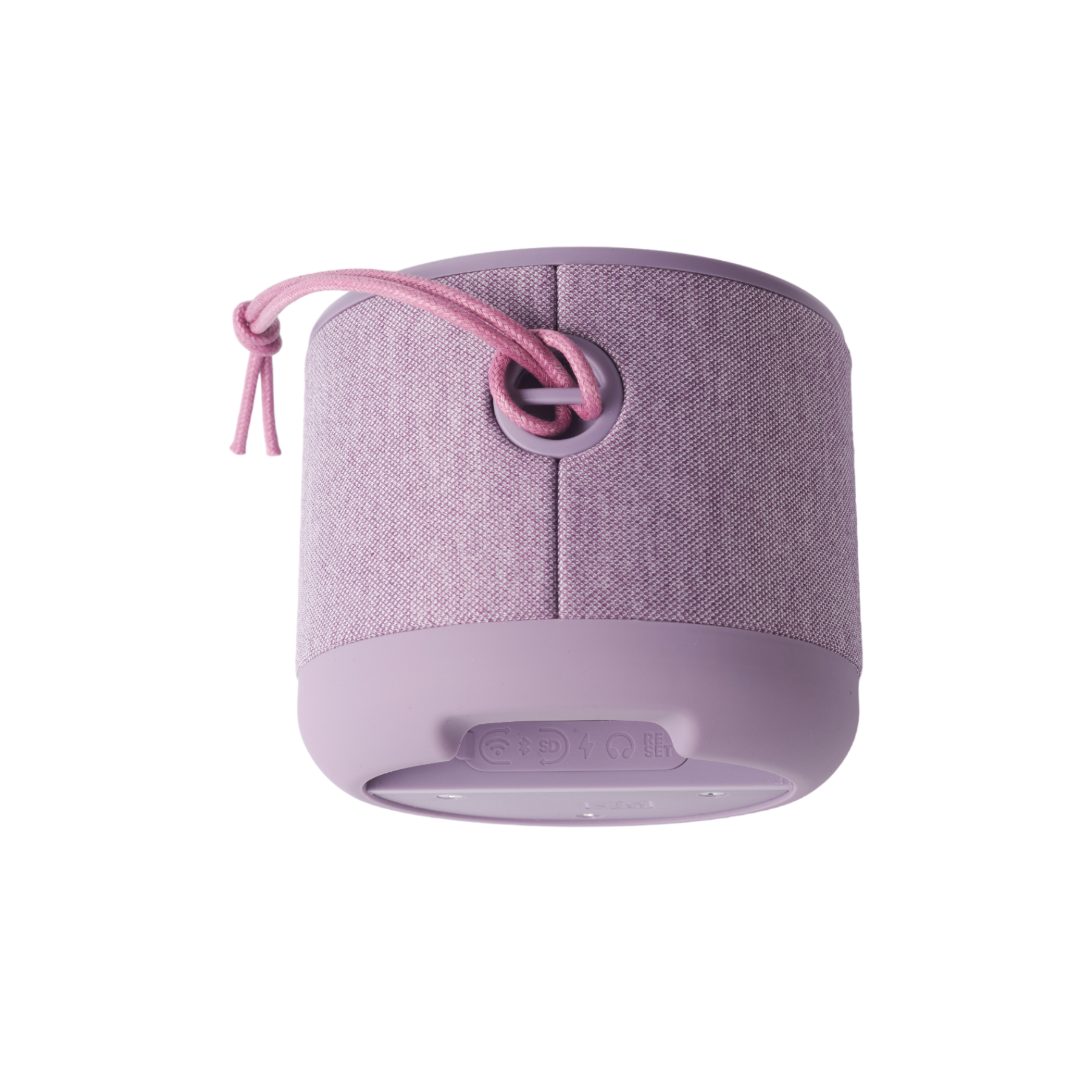 Altoparlante portatile viola con cinturino rosa. L'altoparlante è isolato su sfondo bianco.