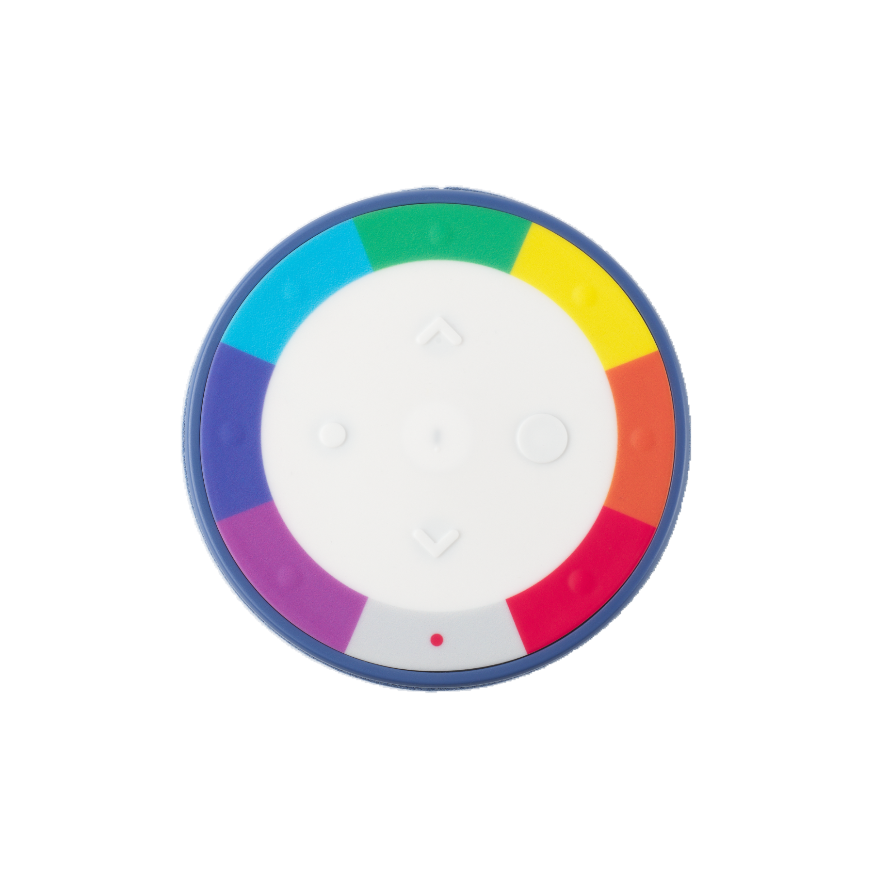 Un telecomando rotondo con segmenti e pulsanti colorati. Ha un bordo blu e un centro bianco.