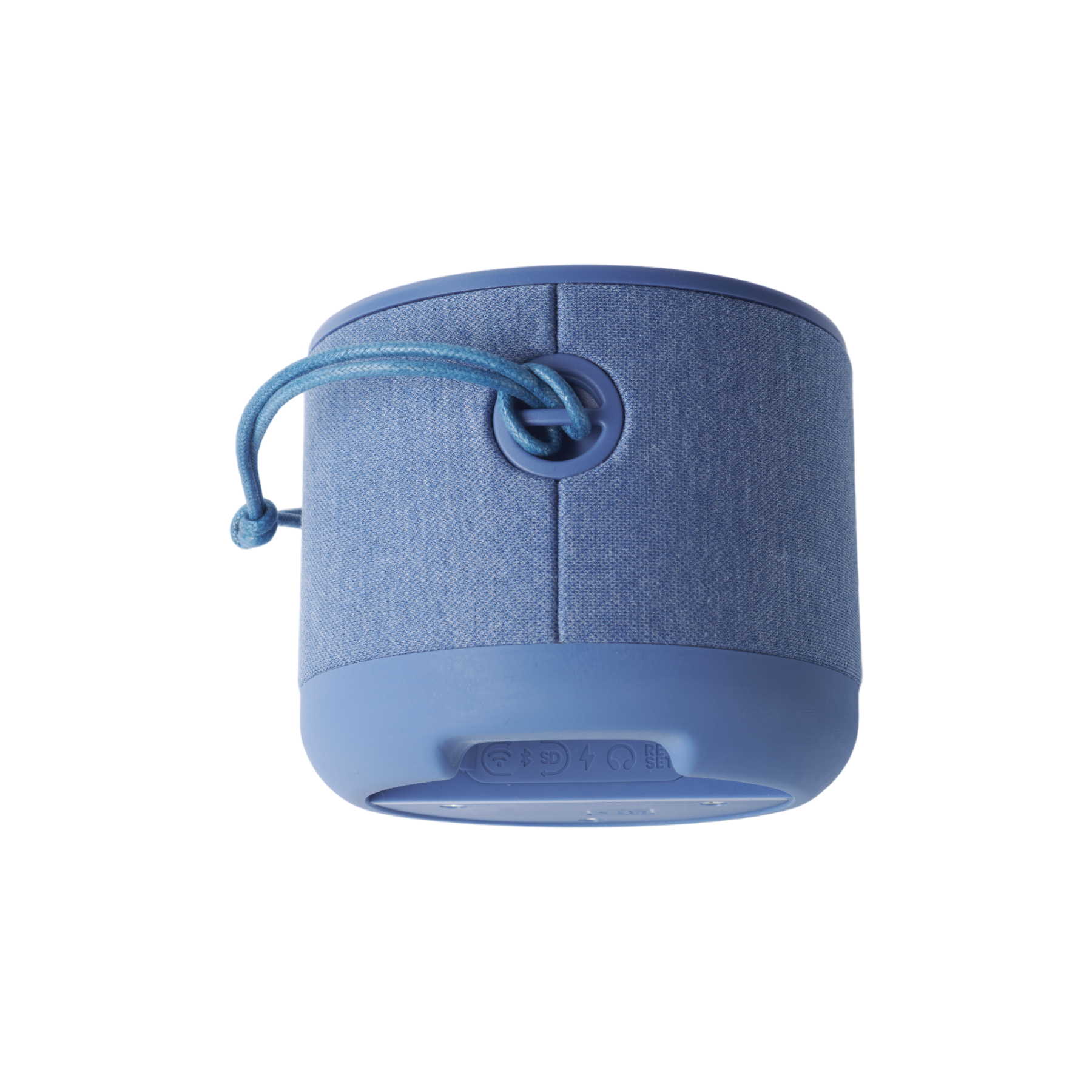 Altoparlante blu, cilindrico, con maniglia e base. La parte inferiore ha pulsanti e porte.