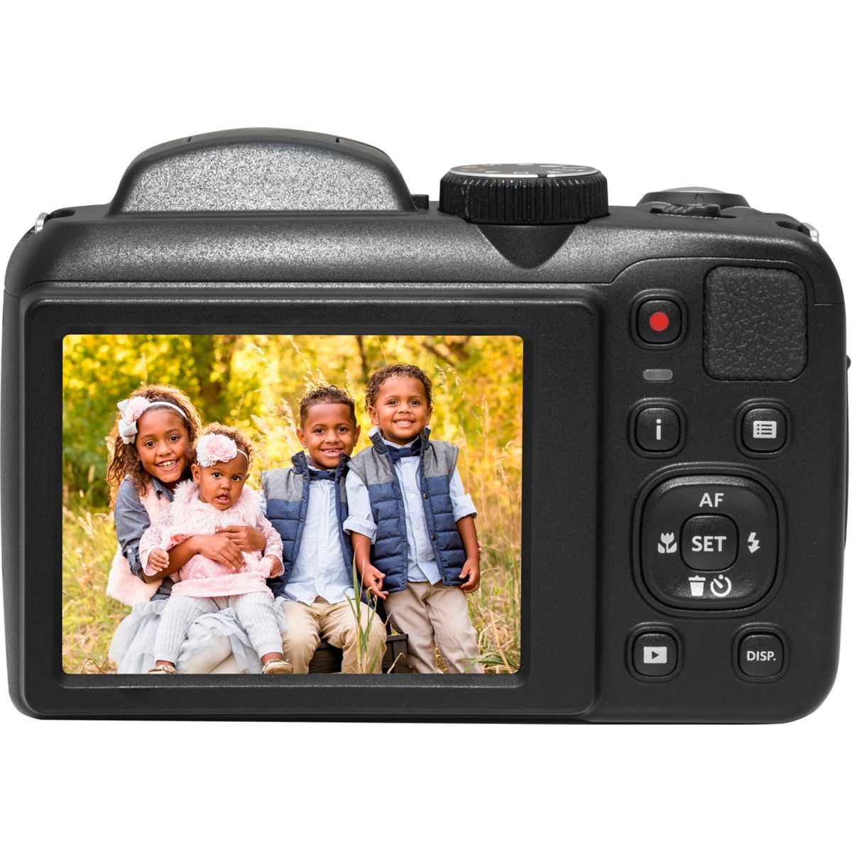 Czarny aparat pokazujący zdjęcie czterech osób, widok z tyłu.