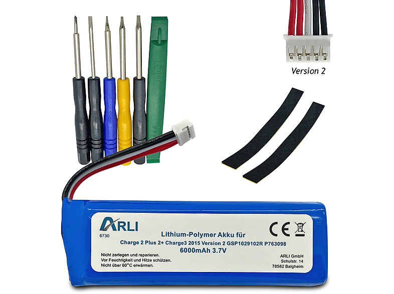 ARLI passend Charge 2 Plus 2+ Charge 3 2015 Version 2 GSP1029102R P763098 Li -Polymer Ersatzakku, 3.7 Volt, 6000mAh 1 Stück