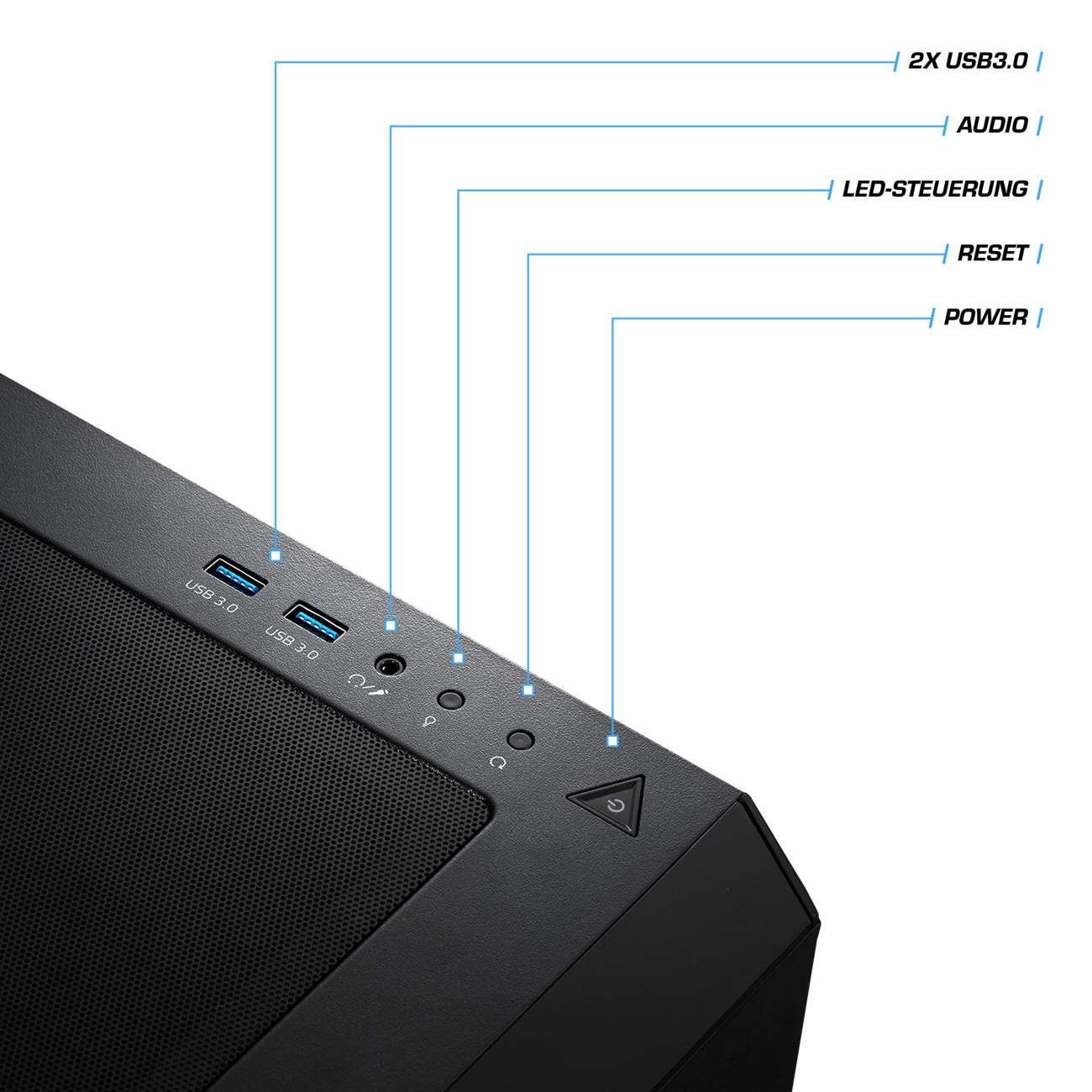 Gros plan sur un boîtier d'ordinateur. Ports USB, boutons d'alimentation et de réinitialisation visibles.
