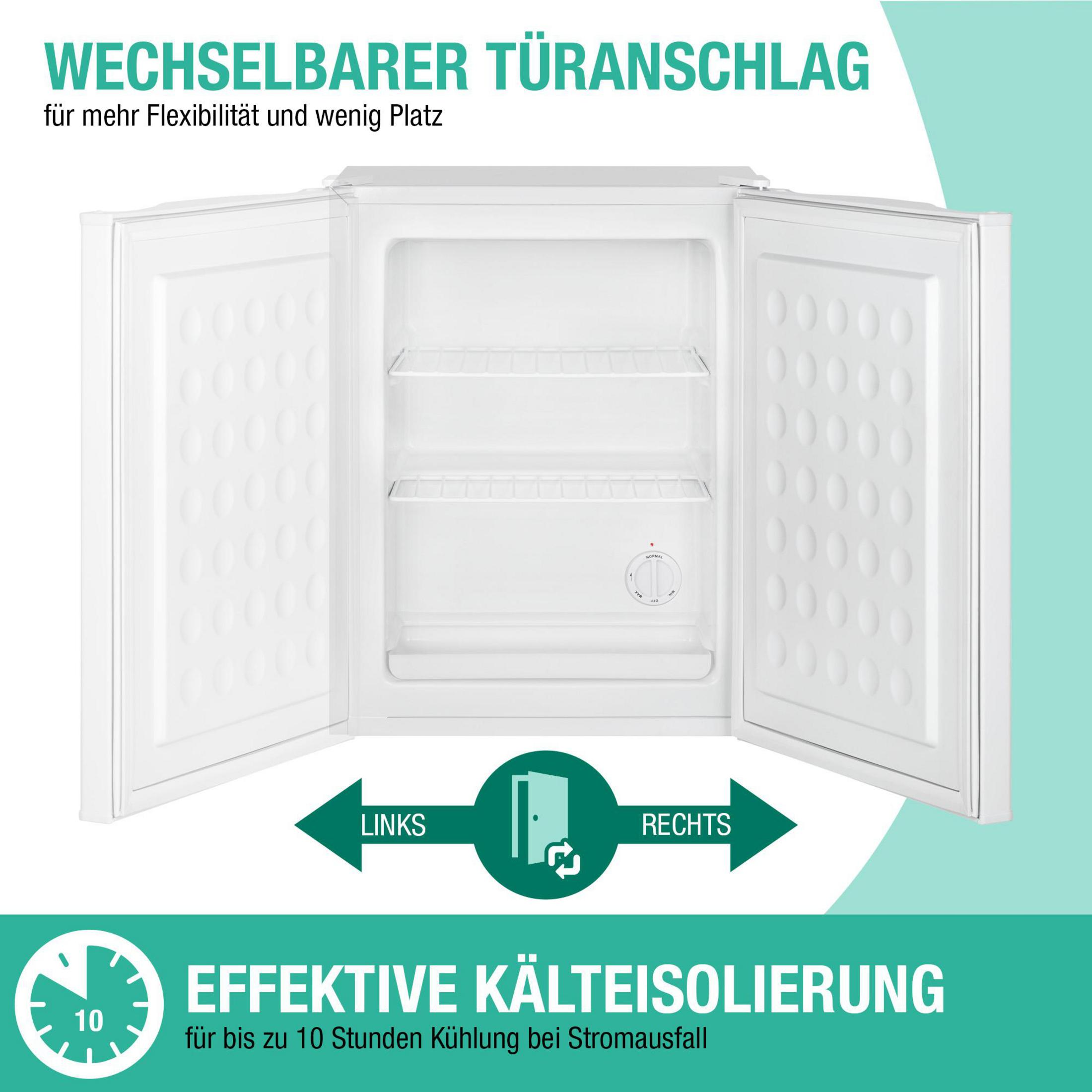 Weißer Kühlschrank mit geöffneten Türen, Text und Pfeile zeigen die Wendetür.