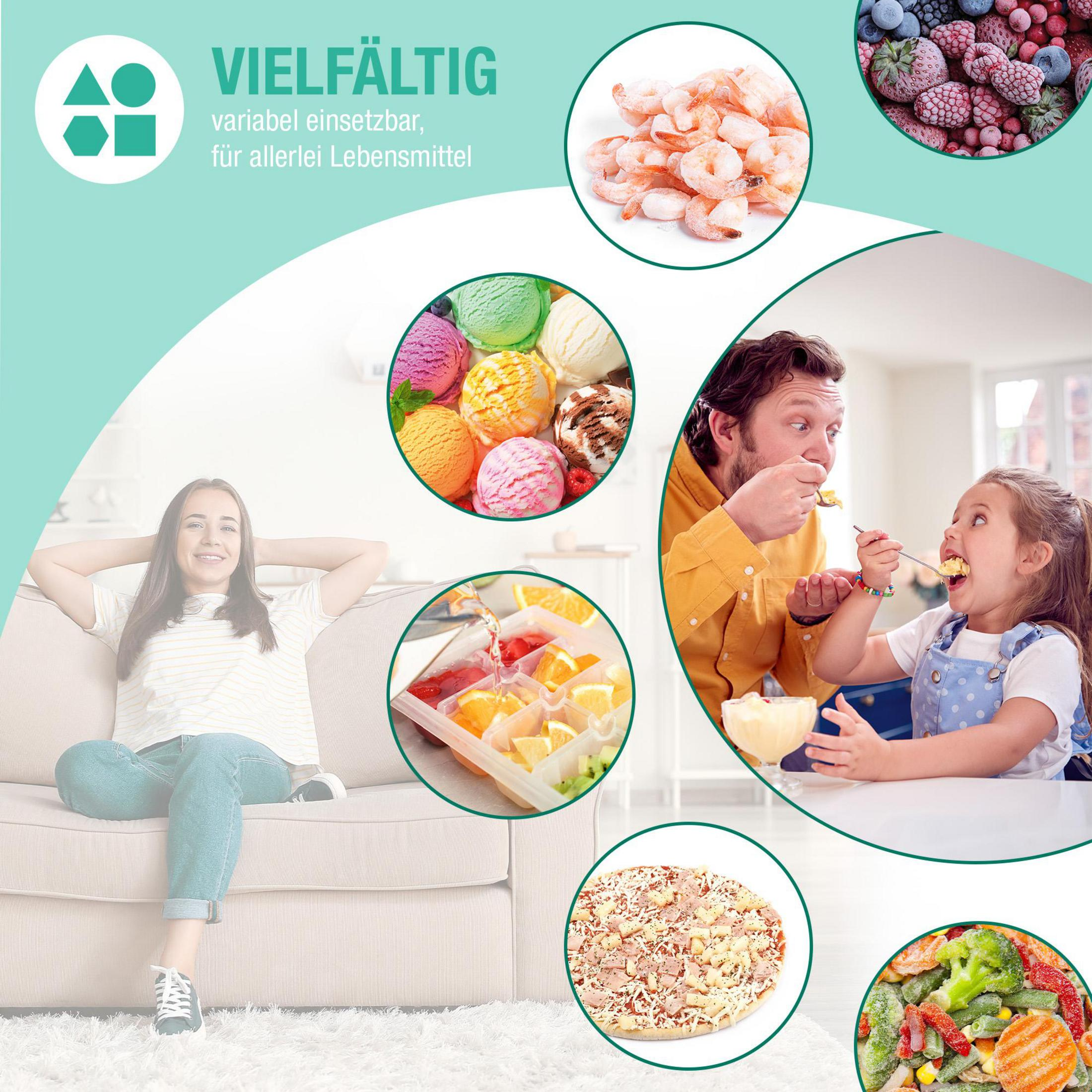 Eine Vielzahl von Lebensmitteln: Eis, Pizza, Garnelen, gefrorene Früchte und eine Familie beim Essen.