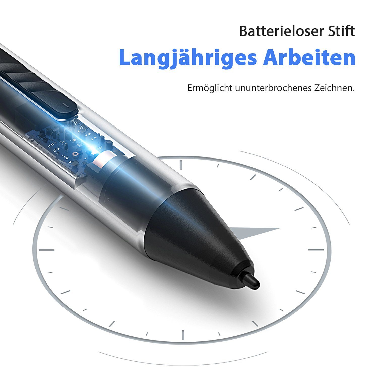 Un lápiz digital transparente con punta negra y un reloj de fondo, con texto sobre dibujo a largo plazo.