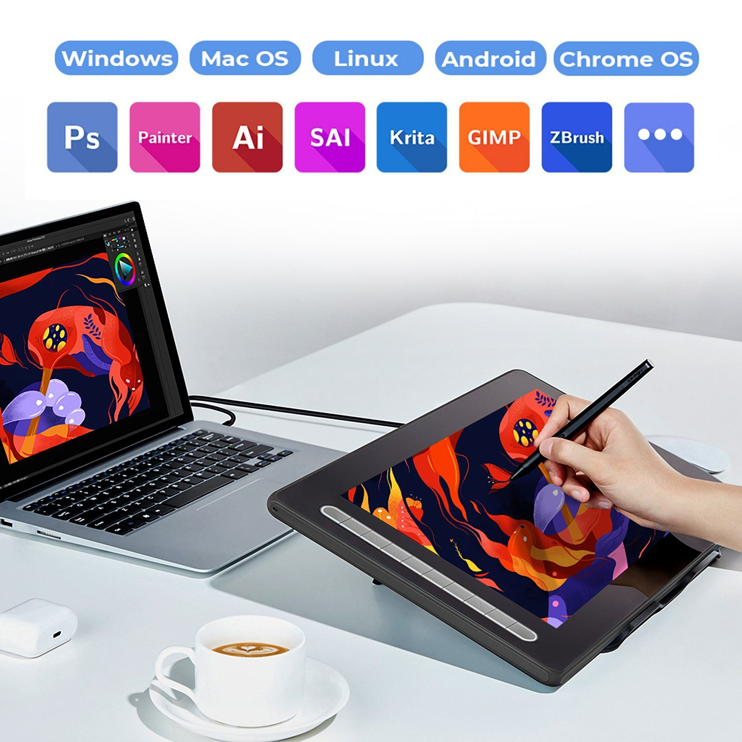 Un portátil y una tableta de dibujo con un lápiz y iconos de software en la parte superior, en una superficie blanca.