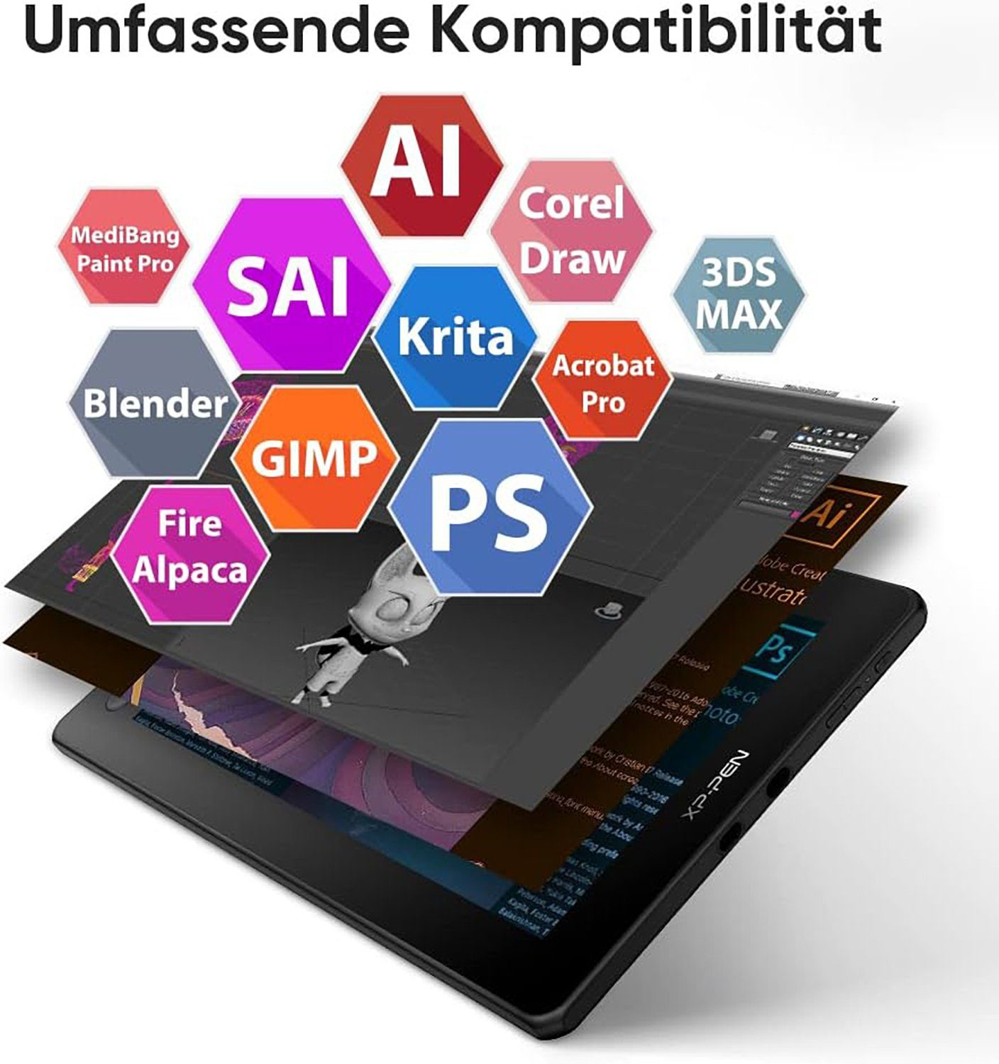 Tablet mit mehreren Softwarelogos für Anwendungen.