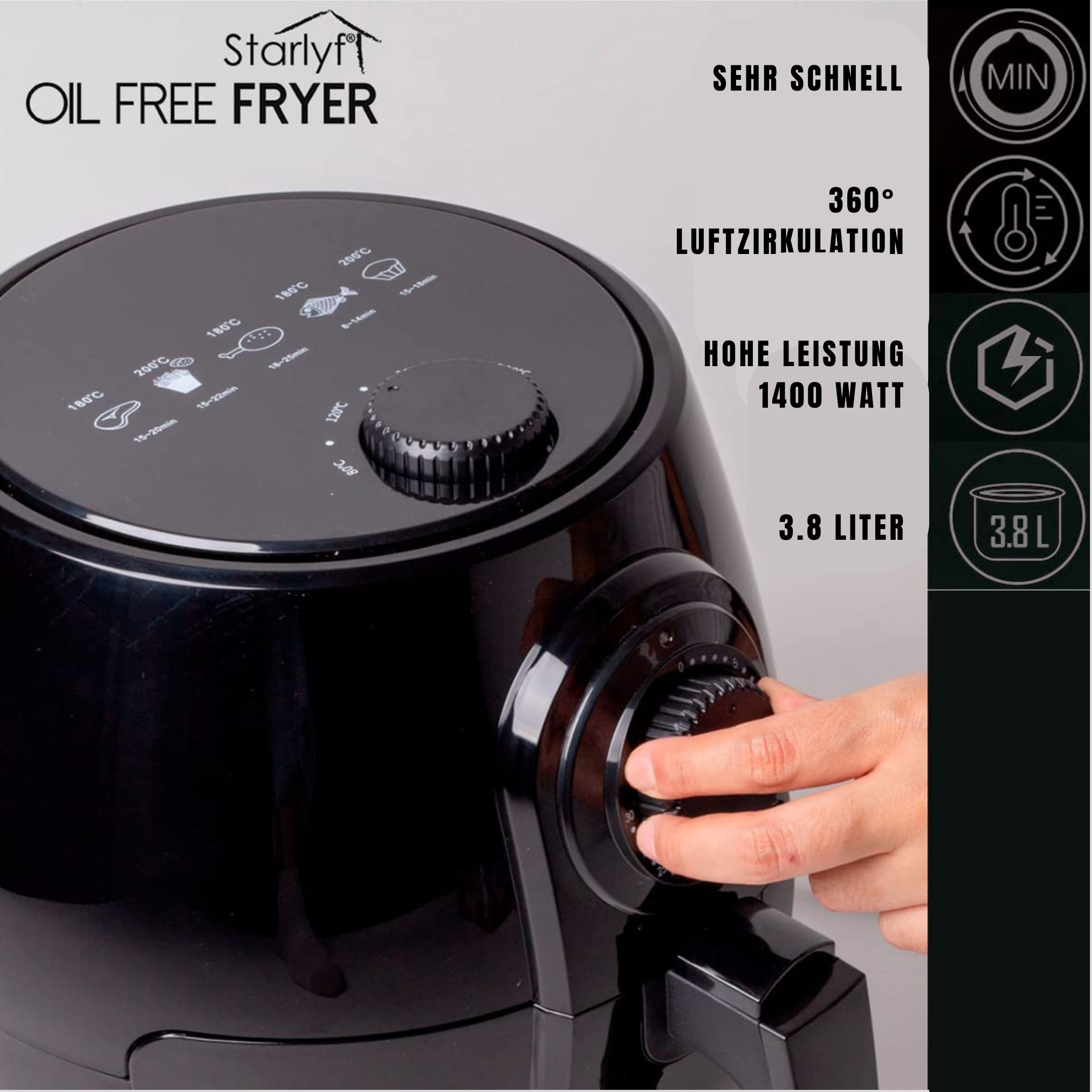 Friggitrice ad aria nera con quadrante di controllo, pulsanti e testo: Oil Free Fryer, 3.8 Litri.