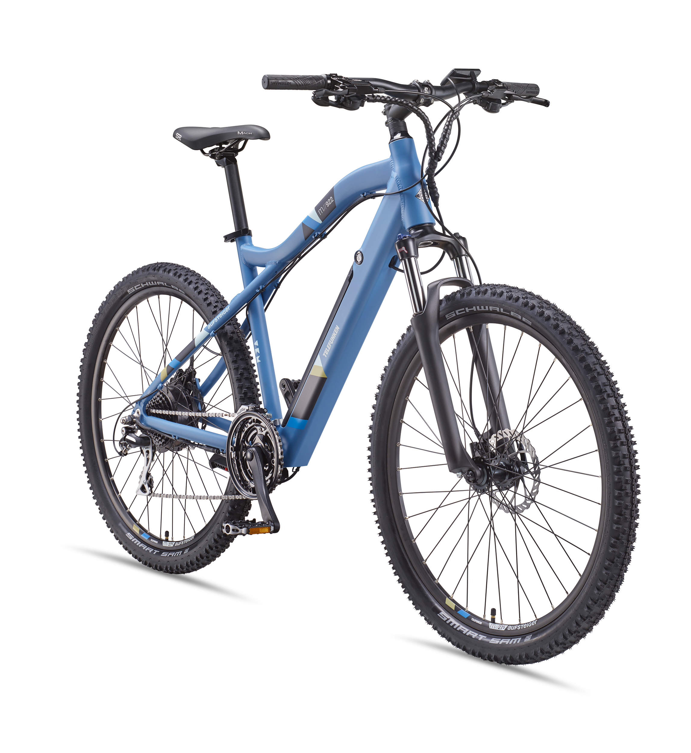 Blaues elektrisches Mountainbike. Schwarze Reifen, Federgabel und Akkupack.
