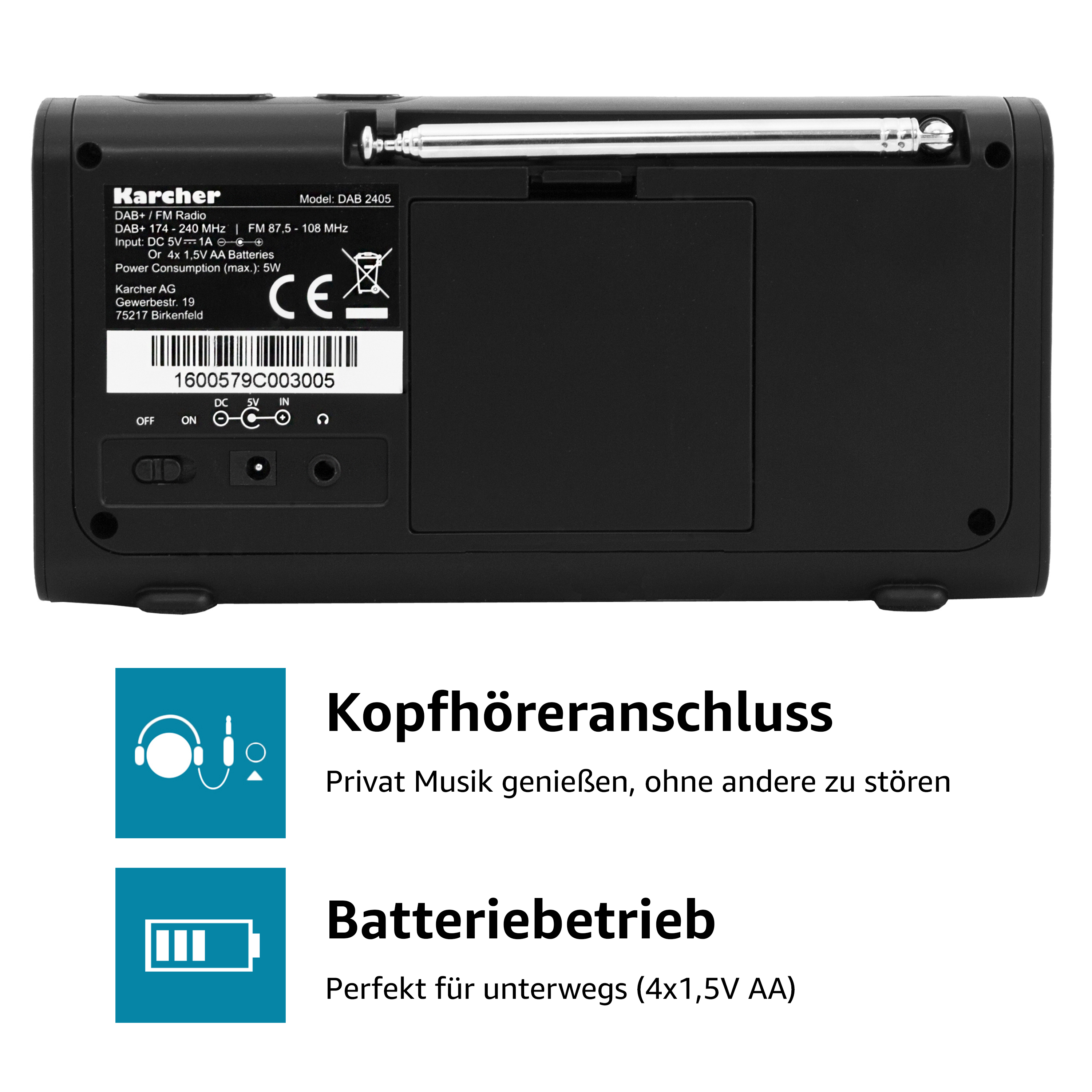 Schwarzes Radio mit Knöpfen, Beschriftungen und kleiner Antenne.