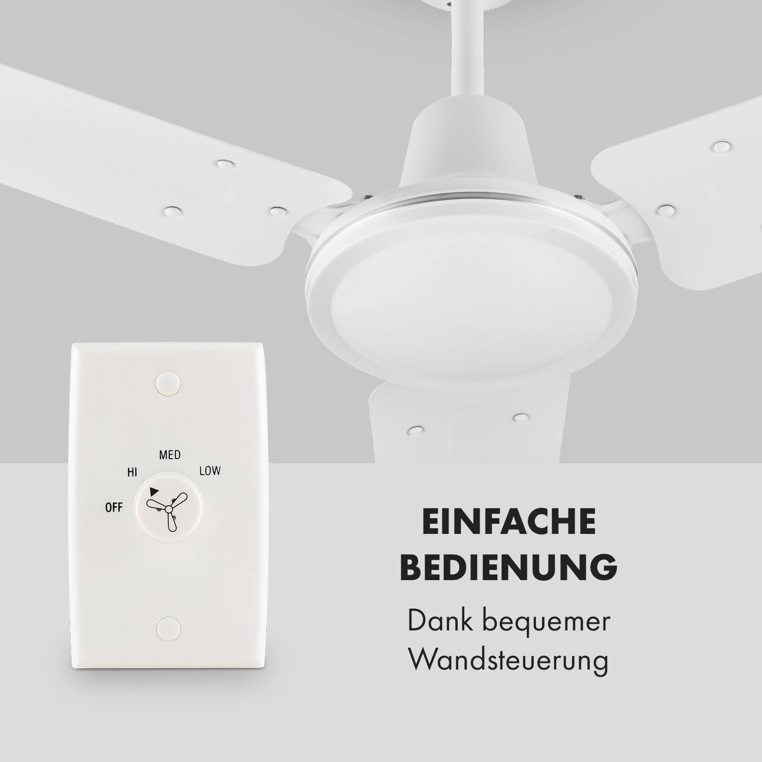 Ventilador de techo blanco con mando a distancia, texto 'Einfache Bedienung'.