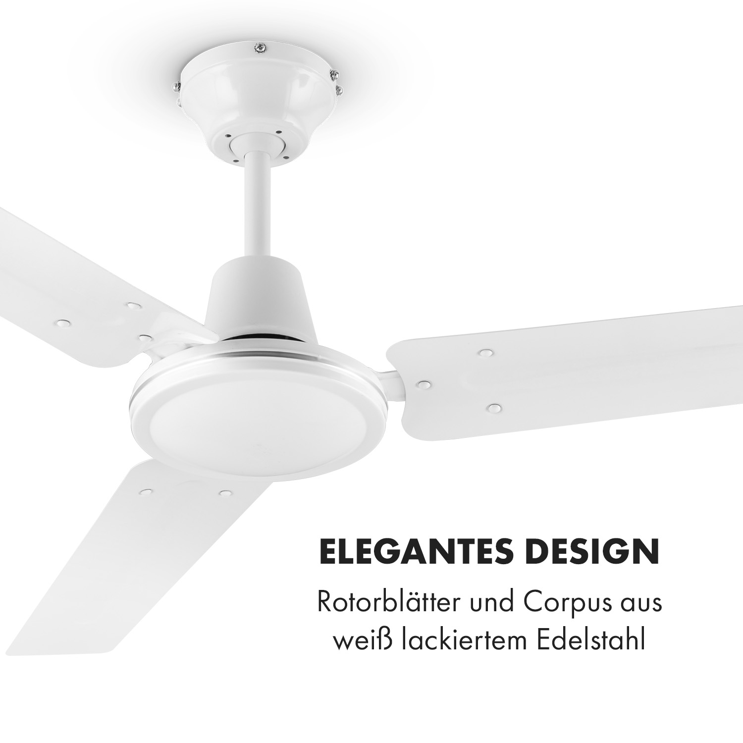 Ventilador de techo blanco. Aspas y cuerpo de acero inoxidable pintado de blanco.