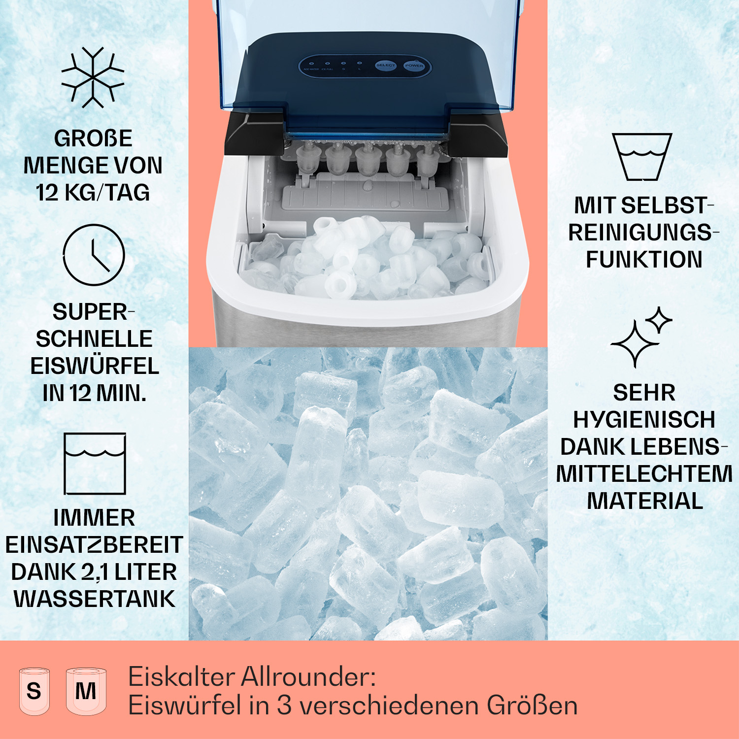 Eiswürfelmaschine mit Eiswürfeln. Merkmale: schnelles Eis, große Kapazität und Selbstreinigung.
