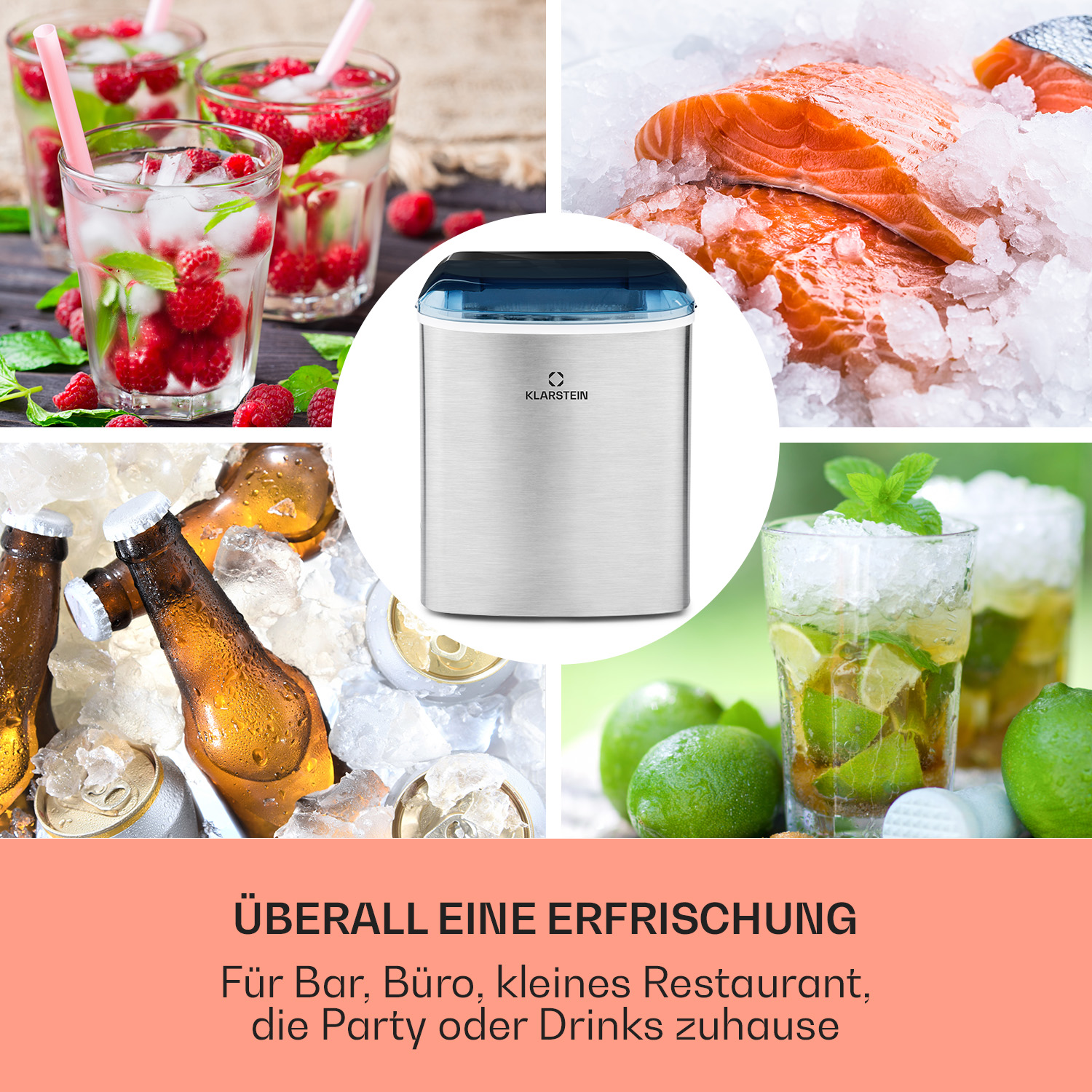 Das Bild zeigt eine Eismaschine. Verschiedene Getränke mit Eis und frischen Zutaten.