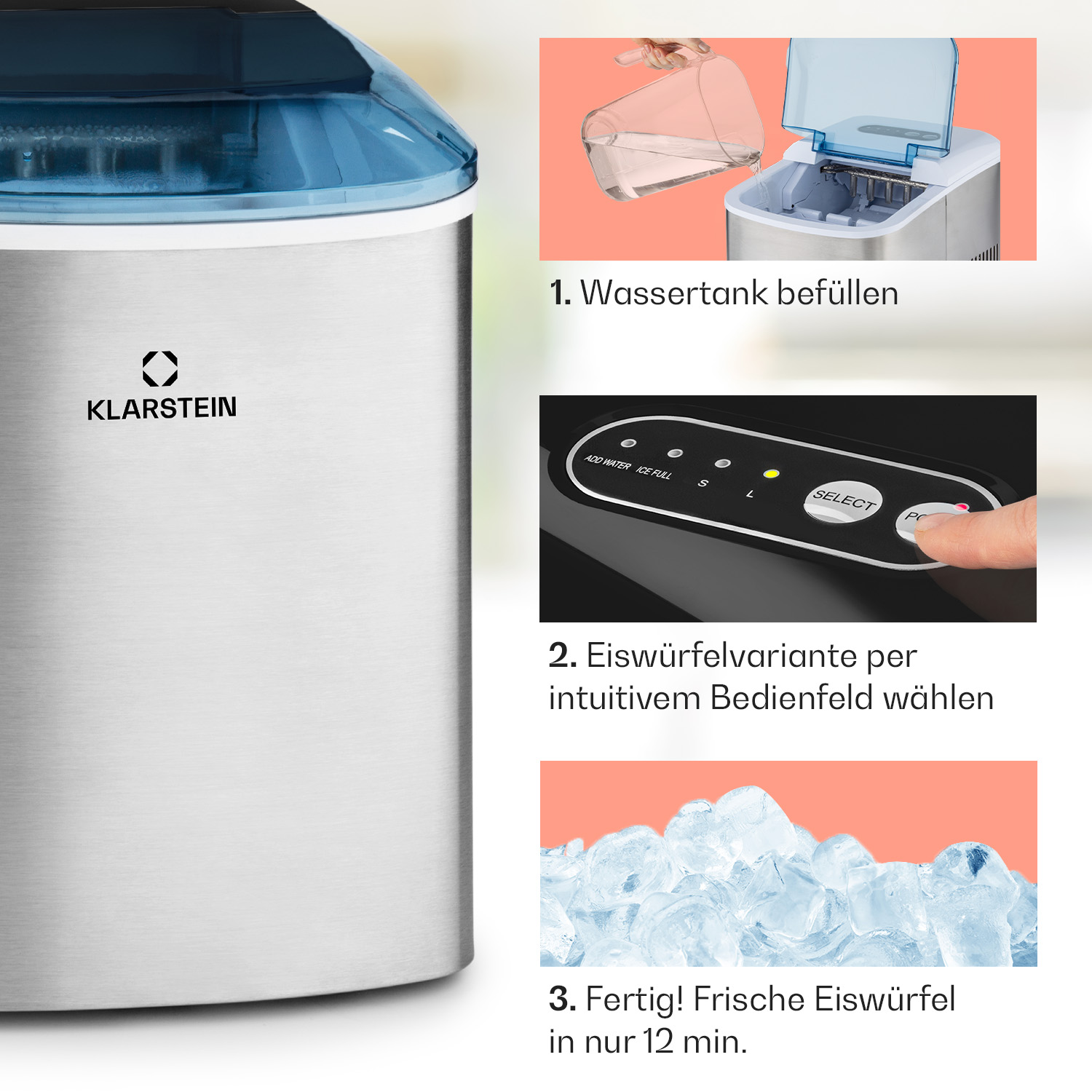 Eisbereiter mit Anweisungen zum Befüllen, zur Auswahl des Eistyps und Eiswürfeln.
