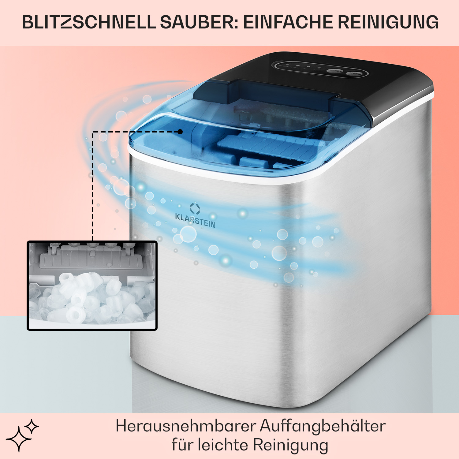 Silberner und schwarzer Eisbereiter mit blauem Deckel. Kleines Tablett mit Eiswürfeln.