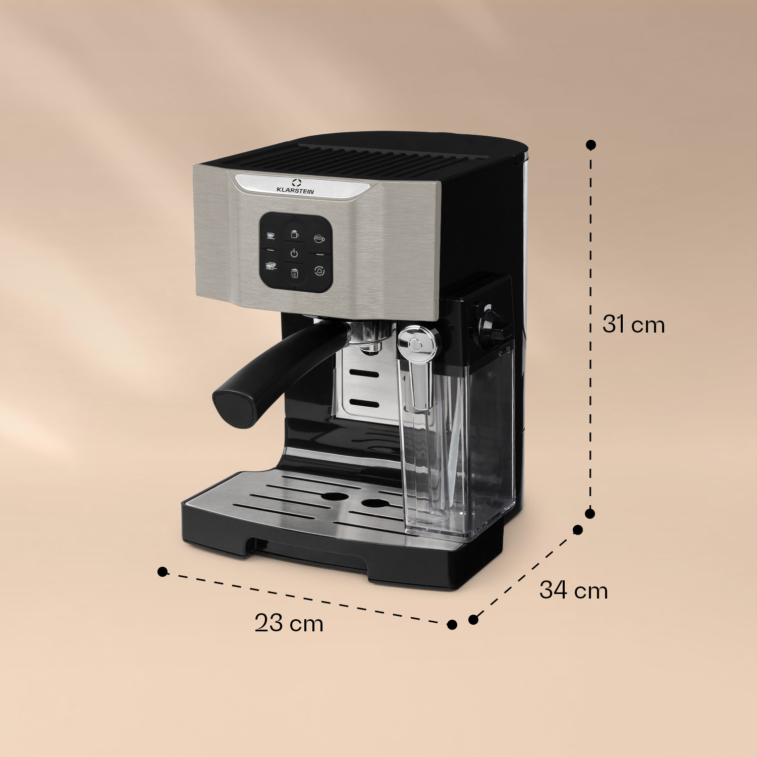 Espressomaschine mit Edelstahlfront und schwarzem Gehäuse. Abmessungen gezeigt.