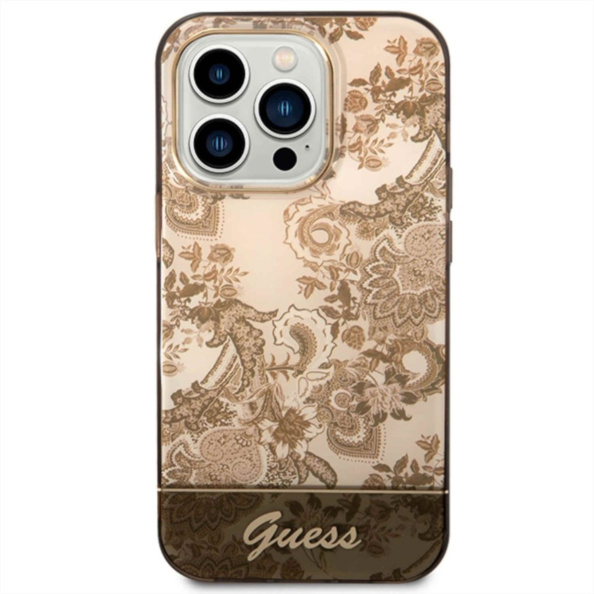 Handyhülle mit floralem Design und Guess-Logo, auf weißem Hintergrund.