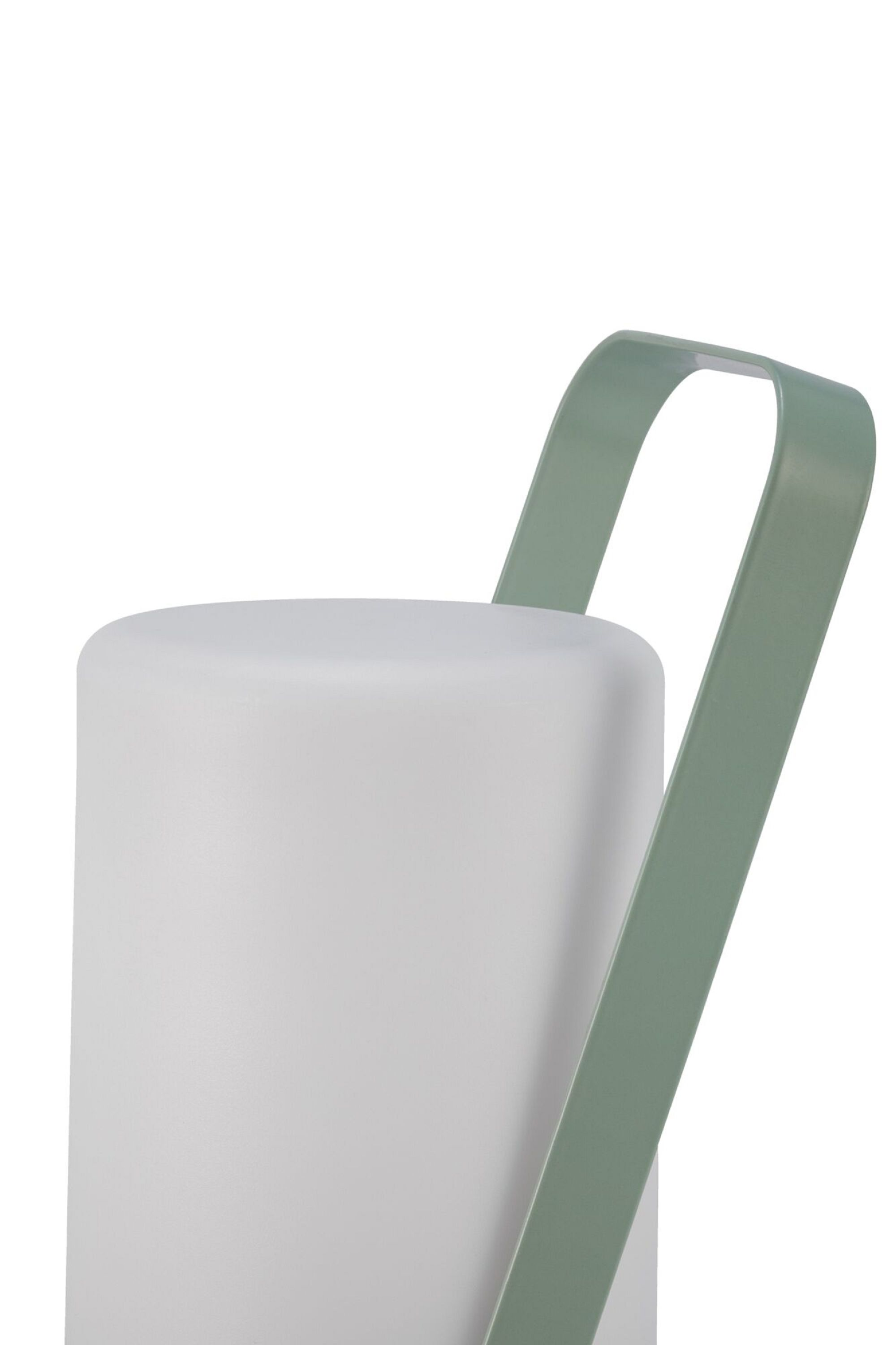 Biała i zielona lampa. Na górze uchwyt. Białe tło.