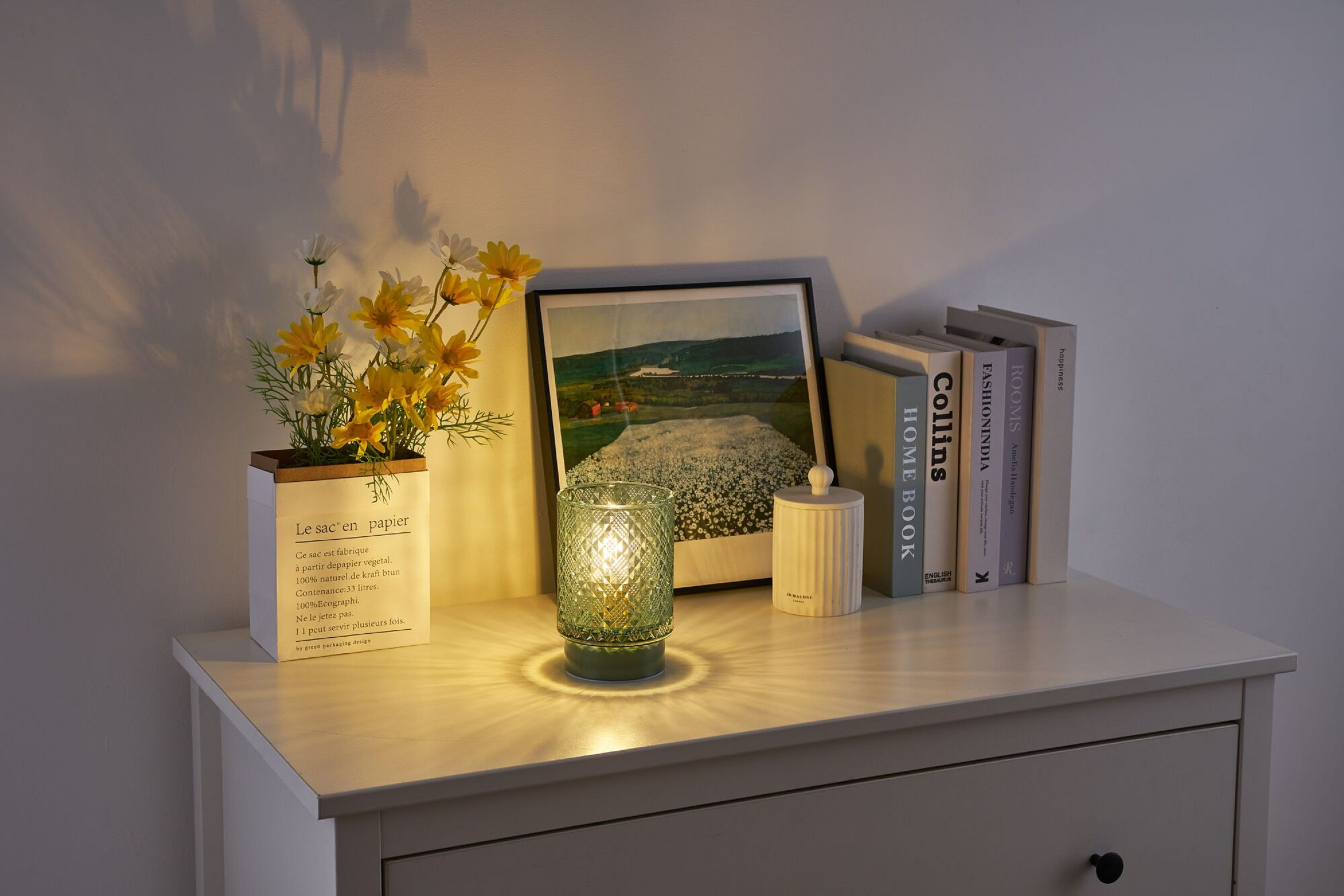 Eine grüne Lampe auf einem weißen Tisch, mit Blumen und Büchern. Ein Bild ist im Hintergrund.