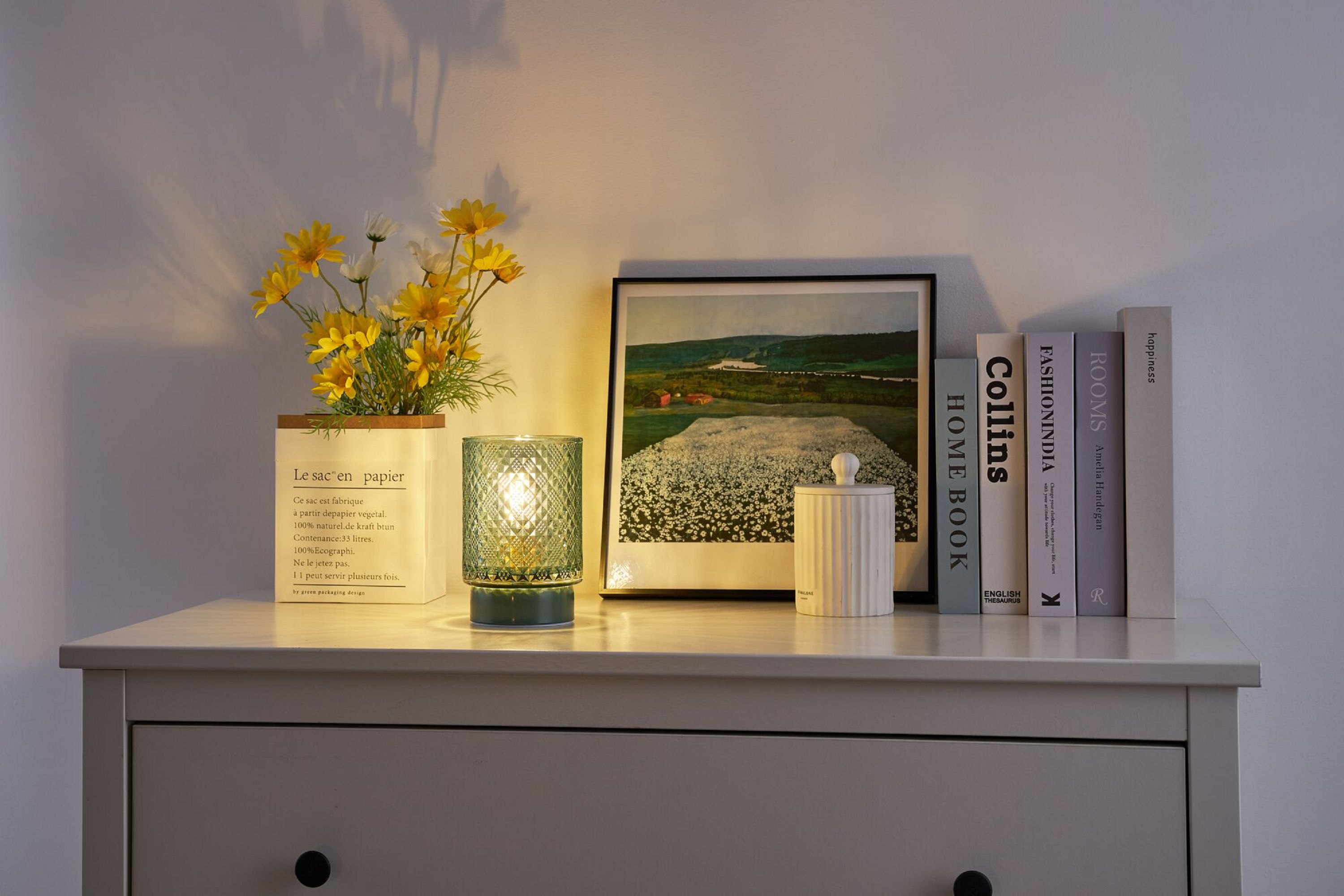 Eine Lampe auf einer Kommode mit Blumen, Büchern und einem Bilderrahmen.