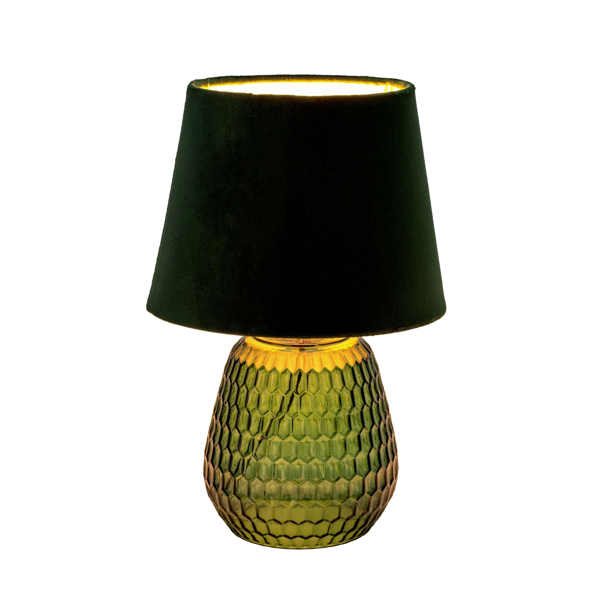 Lampa z czarnym kloszem i zieloną podstawą. Jest na białym tle.