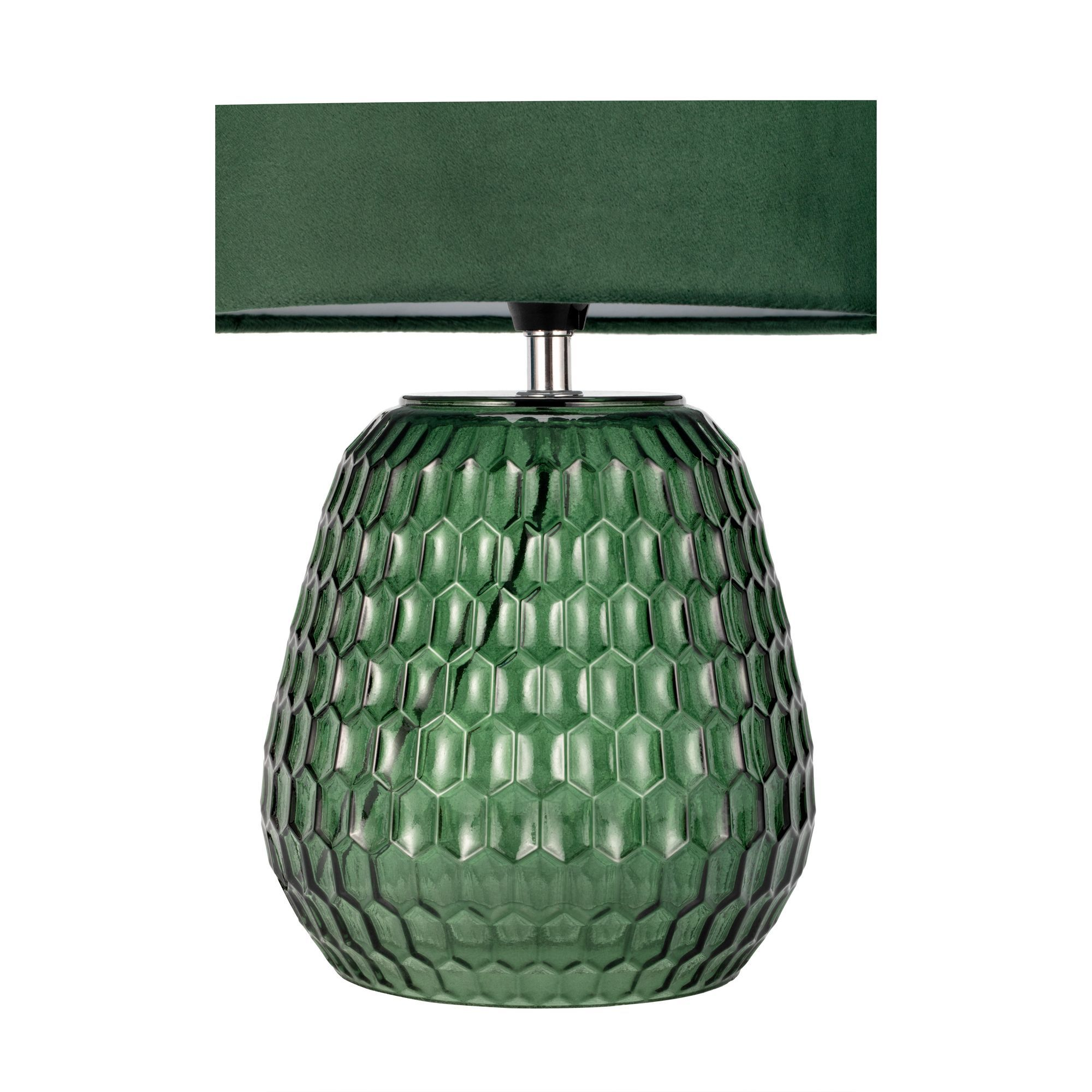 Zielona szklana lampa z wzorem plastra miodu, zielony abażur, na białym tle.