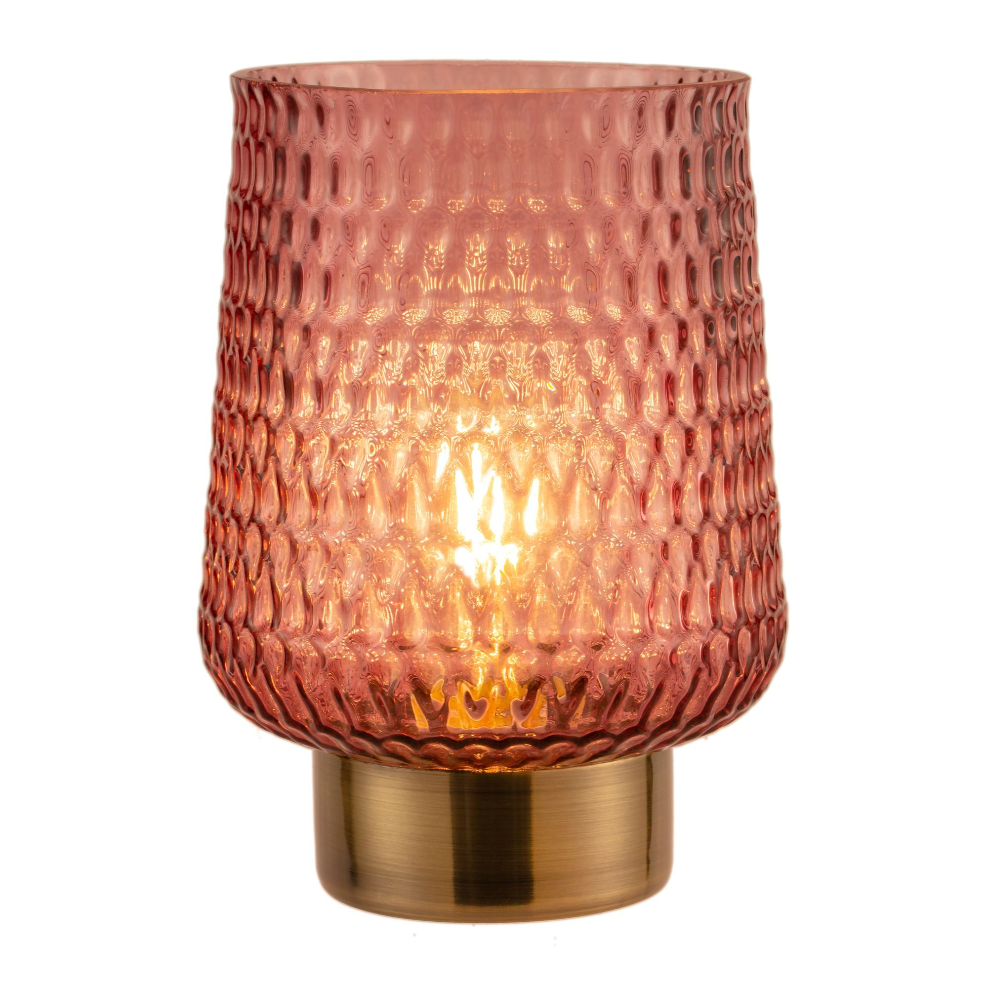 Różowa szklana lampa ze złotą podstawą, podświetlana od wewnątrz.