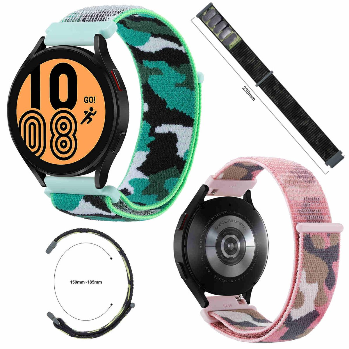 Zwei Smartwatch-Armbänder: eines in Camouflage-Grün, das andere in Pink. Zubehör ist abgebildet.