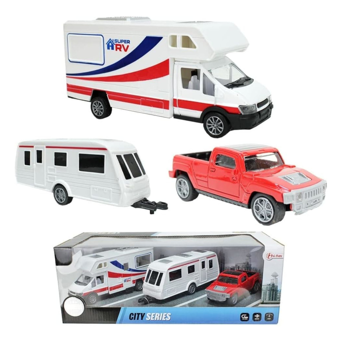 Spielzeug-Wohnmobile, ein LKW und ein Anhänger in einer Box mit 'CITY SERIES' Label.