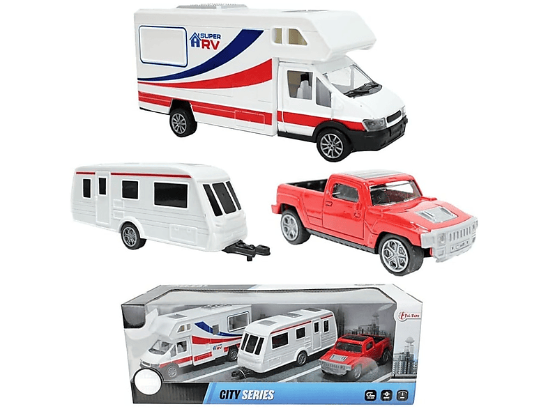 TOI-TOYS Wohnmobil + Wohnwagen + Spielzeugfahrzeuge Pick-Up-Truck