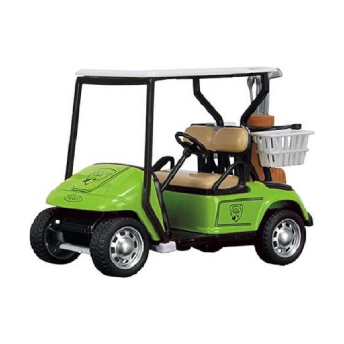 Grüner Spielzeug-Golfwagen mit weißem Dach. Er hat eine Golftasche und einen Korb.
