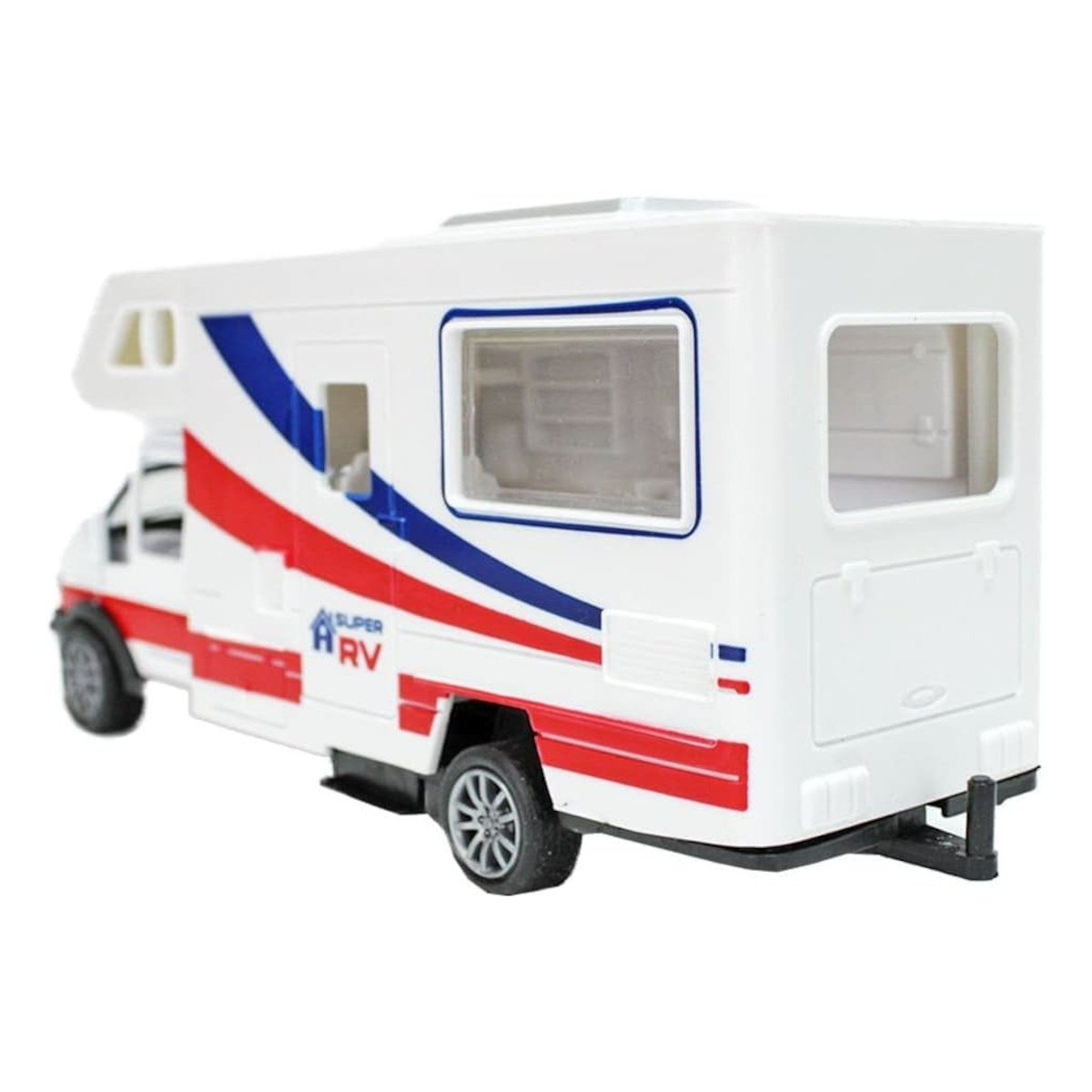 Weißes Wohnmobil mit roten und blauen Streifen. Es hat Fenster und eine Tür. Weißer Hintergrund. Spielzeug-Wohnmobil.