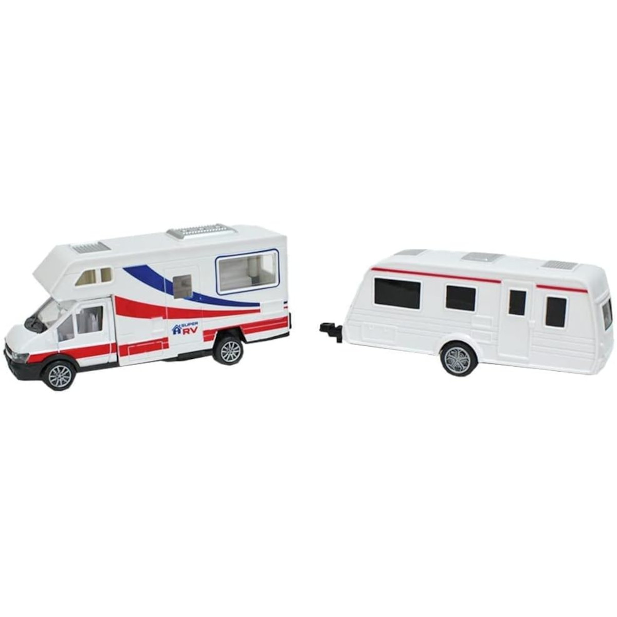 Zwei Spielzeug-Wohnmobile, ein Wohnmobil und ein Wohnwagen. Weißer Hintergrund.