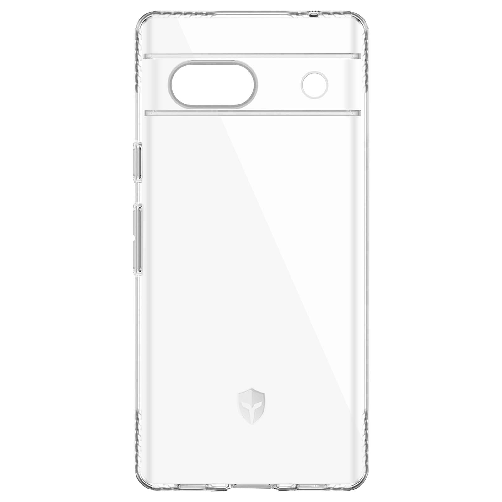 Transparant telefoonhoesje, camera-uitsparing en logo op witte achtergrond, met lichtreflectie.