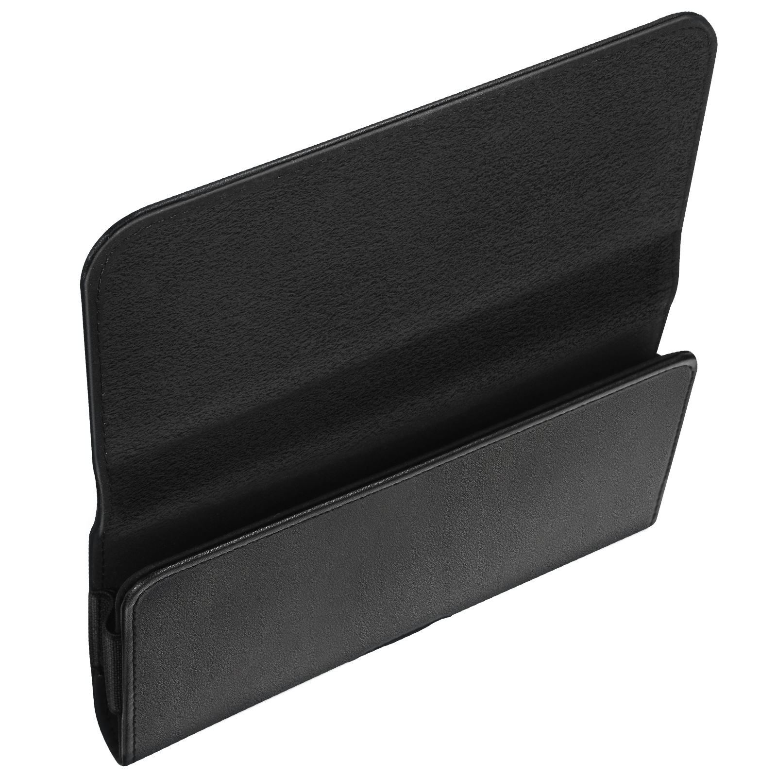 Schwarze lederähnliche Handyhülle, offen, zeigt das Innere und eine Tasche.