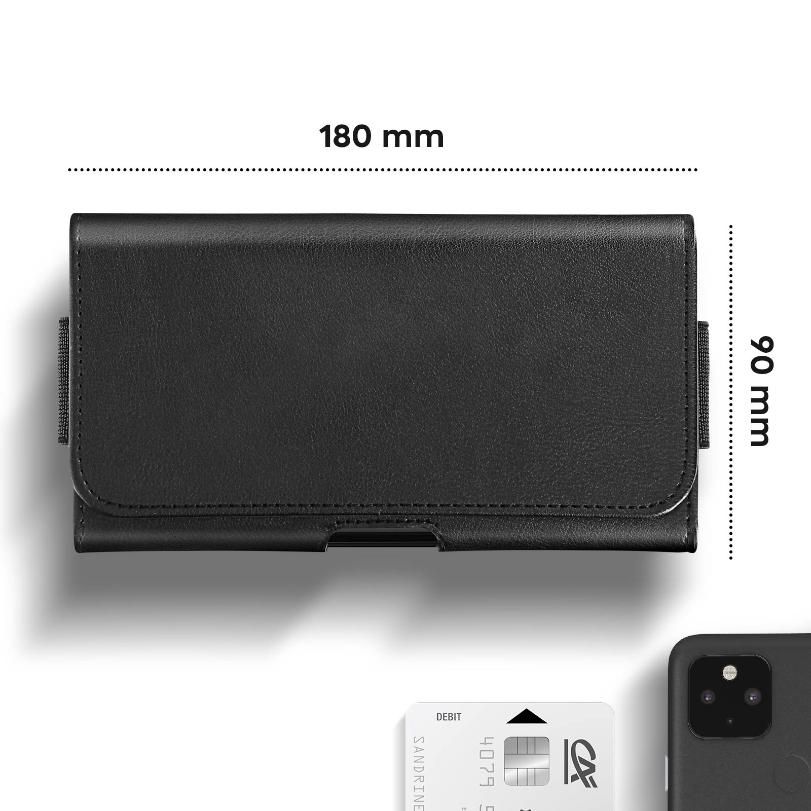 Schwarze Leder-Handyhülle. Abmessungen sind 180 mm x 90 mm. Eine Kreditkarte und ein Telefon sind ebenfalls sichtbar.