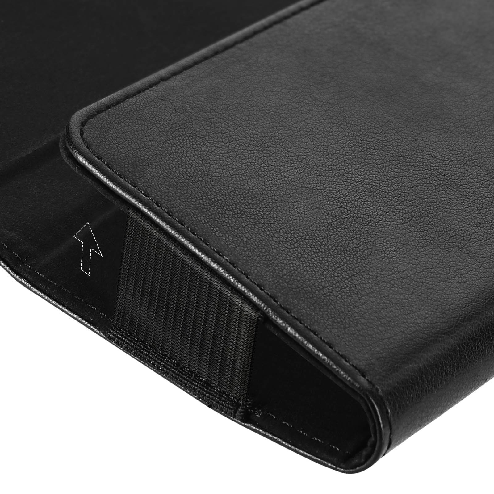 Eine schwarze, lederartige Tablettasche ist teilweise geöffnet und zeigt das Innere.