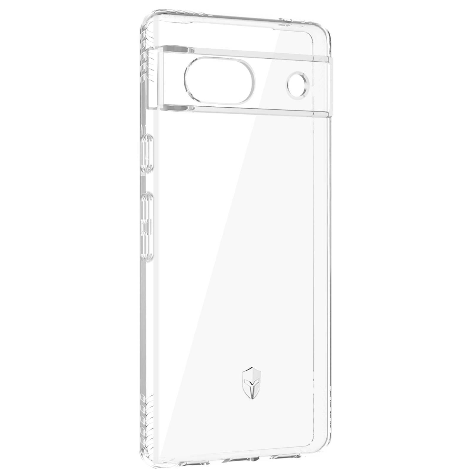 Transparante telefoonhoes. De hoes heeft een camera-uitsparing en knoppen aan de zijkanten.