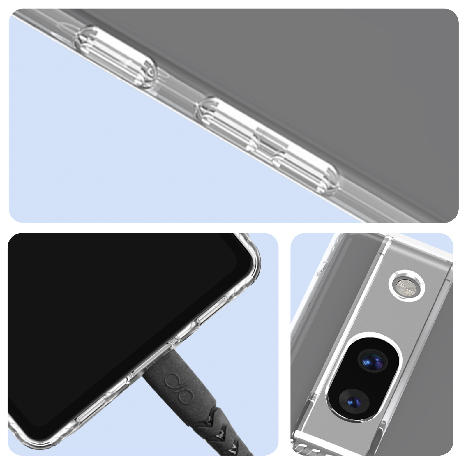 Close-up beelden van een telefoonhoesje met een transparante rand, die de functies van de telefoon laat zien.