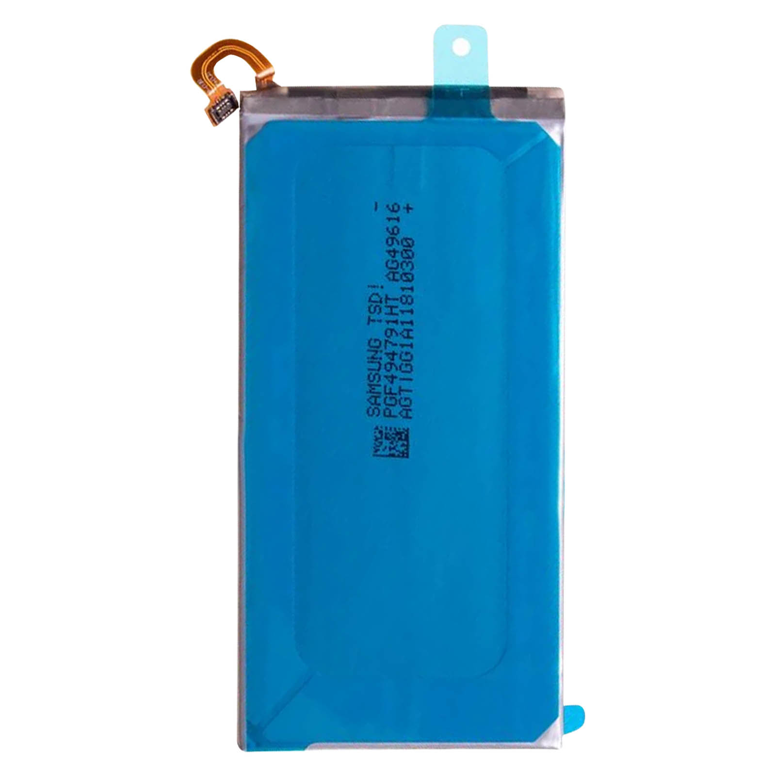 Una batería rectangular azul con texto y conector dorado.
