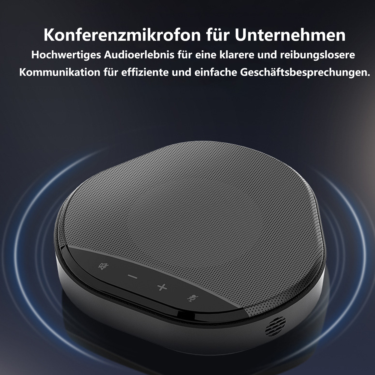 Ein Konferenzmikrofon, schwarz, auf dunklem Hintergrund mit blauen Kreisen.
