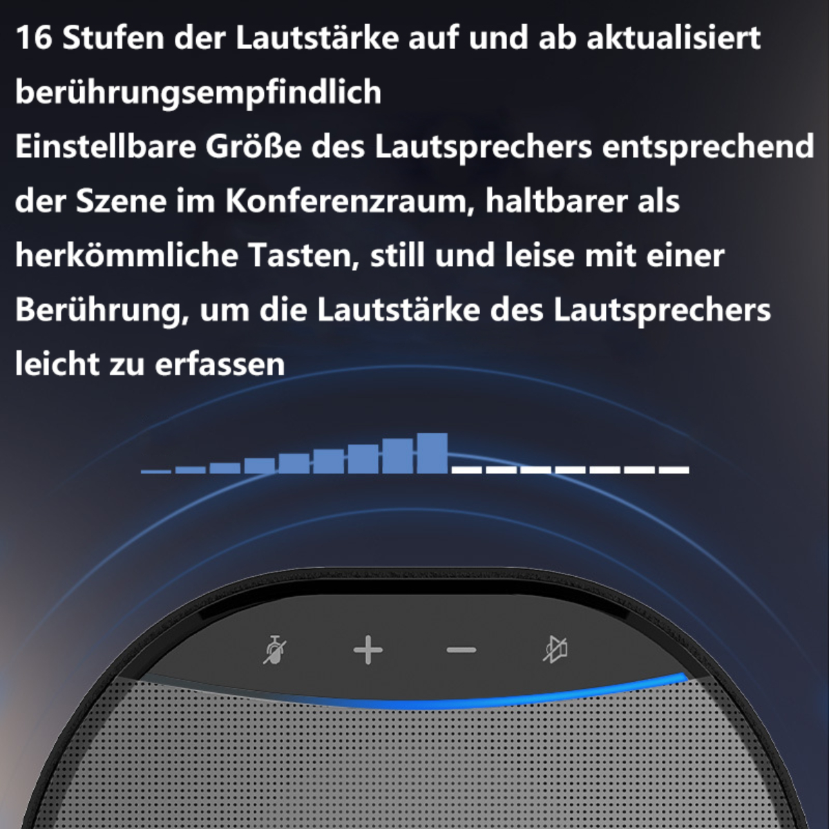 Nahaufnahme eines Lautsprechers mit Touch-Bedienelementen. Lautstärkebalken und Touch-Symbole sind sichtbar.