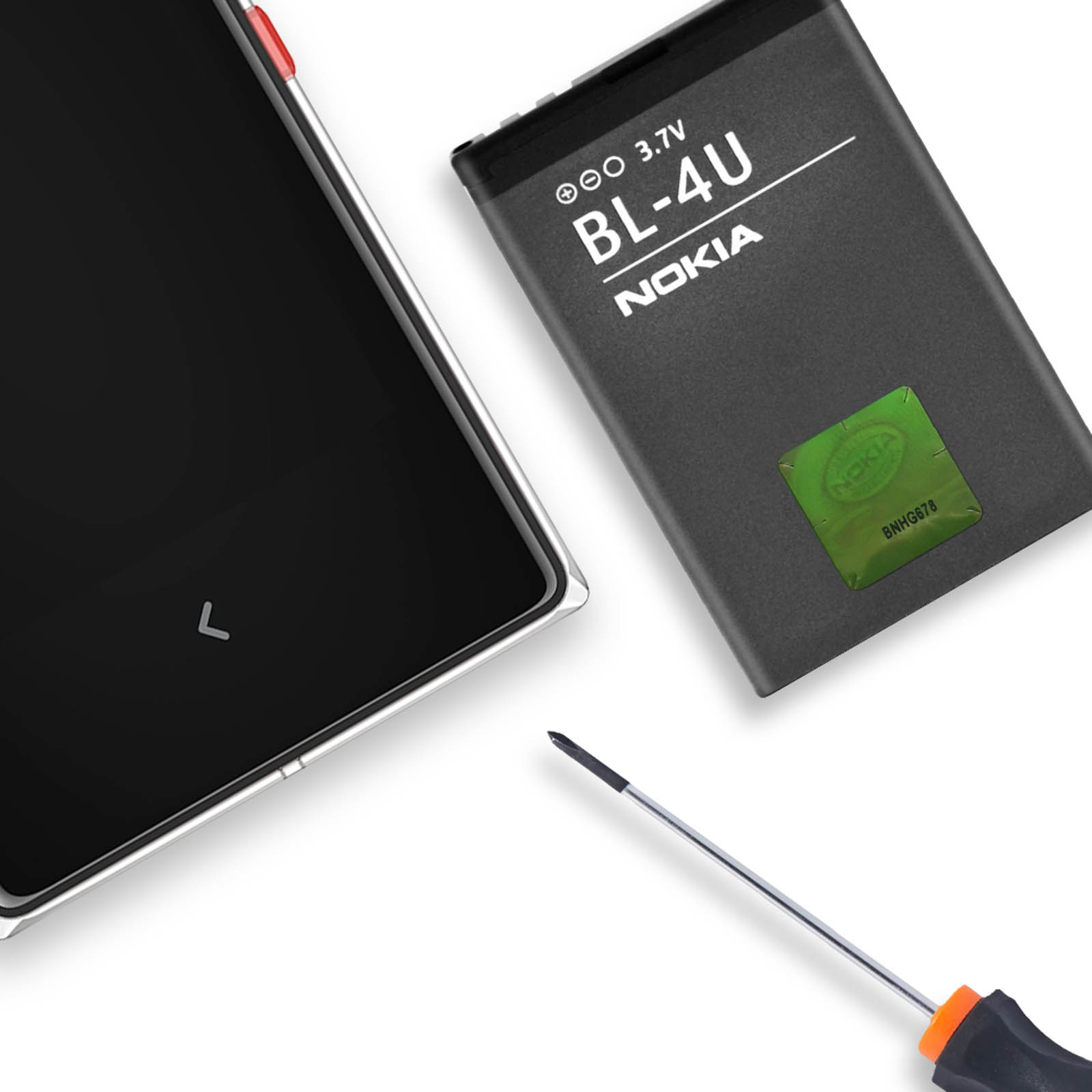 Una batteria Nokia BL-4U nera e grigia accanto a uno schermo del telefono e un cacciavite.