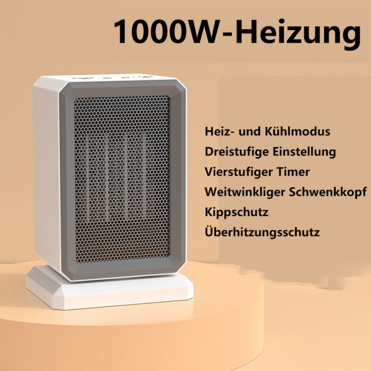 Weiß-graue Heizung mit Text, inkl. 1000W, Modi und Sicherheitsmerkmale.