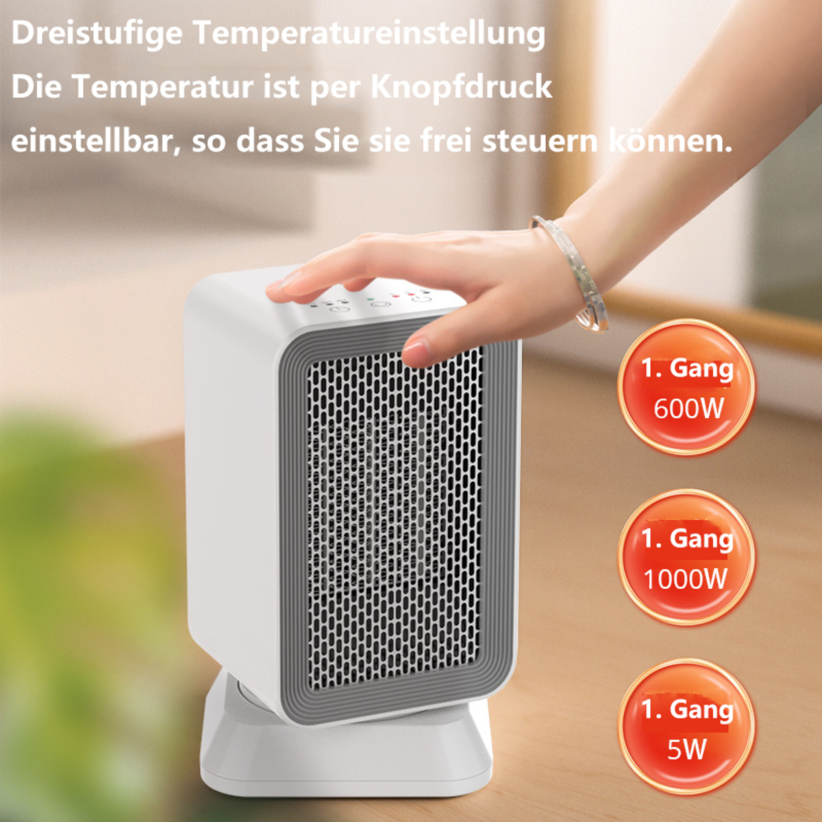 Weiß-graue Heizung mit Touch-Bedienelementen. Eine Hand zeigt auf die Bedienelemente.