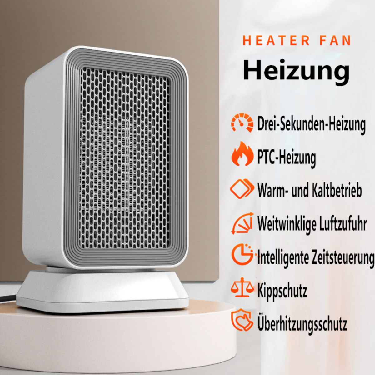 Ein weiß-grauer Heizlüfter auf einem Sockel. Text und Symbole an der Seite.